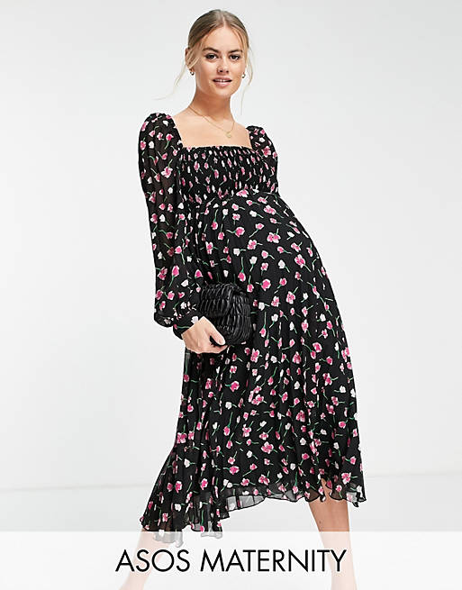 ASOS DESIGN Maternity square neck pleated midi dress in floral print
