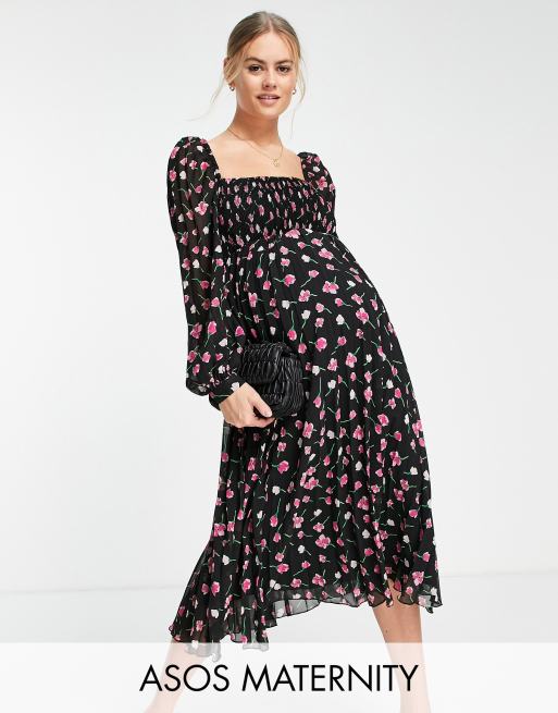 ASOS DESIGN Maternity square-neck pleated midi dress in floral print | ASOS