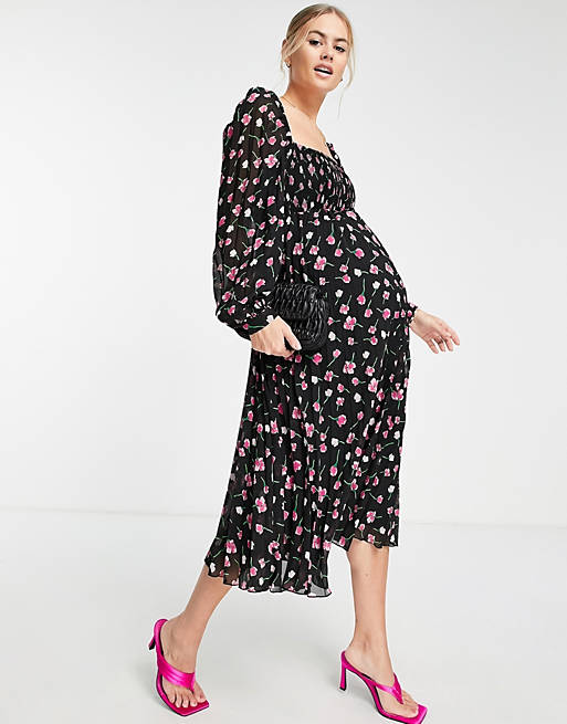  Maternity square neck pleated midi dress in floral print 