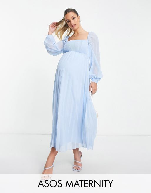 ASOS DESIGN Maternity square neck pleated midi skater dress in pale blue