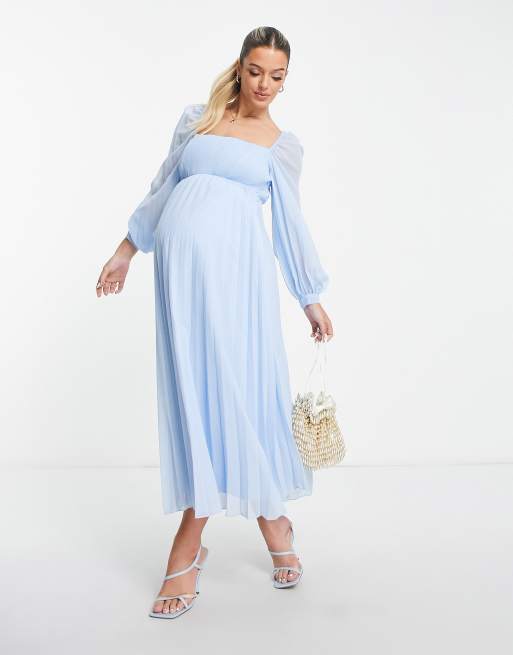 ASOS DESIGN Maternity square neck pleated midi skater dress in pale blue