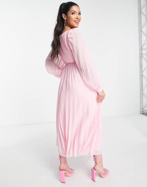 ASOS DESIGN Maternity square neck pleated midi skater dress in soft pink