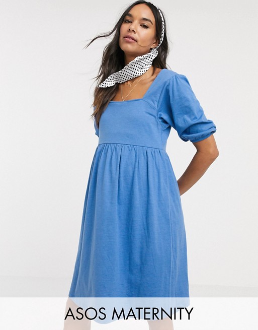ASOS DESIGN Maternity square neck puff sleeve smock dress in blue