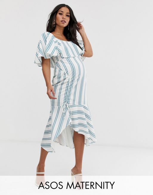 Asos Design Maternity Square Neck Striped Midi Dress With Ruched Skirt And Pep Hem Asos 