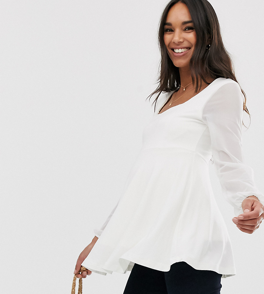 ASOS DESIGN Maternity square neck top with mesh sleeve in cream