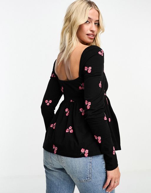 ASOS DESIGN long sleeve v neck top with kimono sleeves and tie front in  black