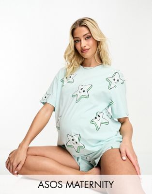 ASOS DESIGN Maternity star oversized tee & short pyjama set in blue