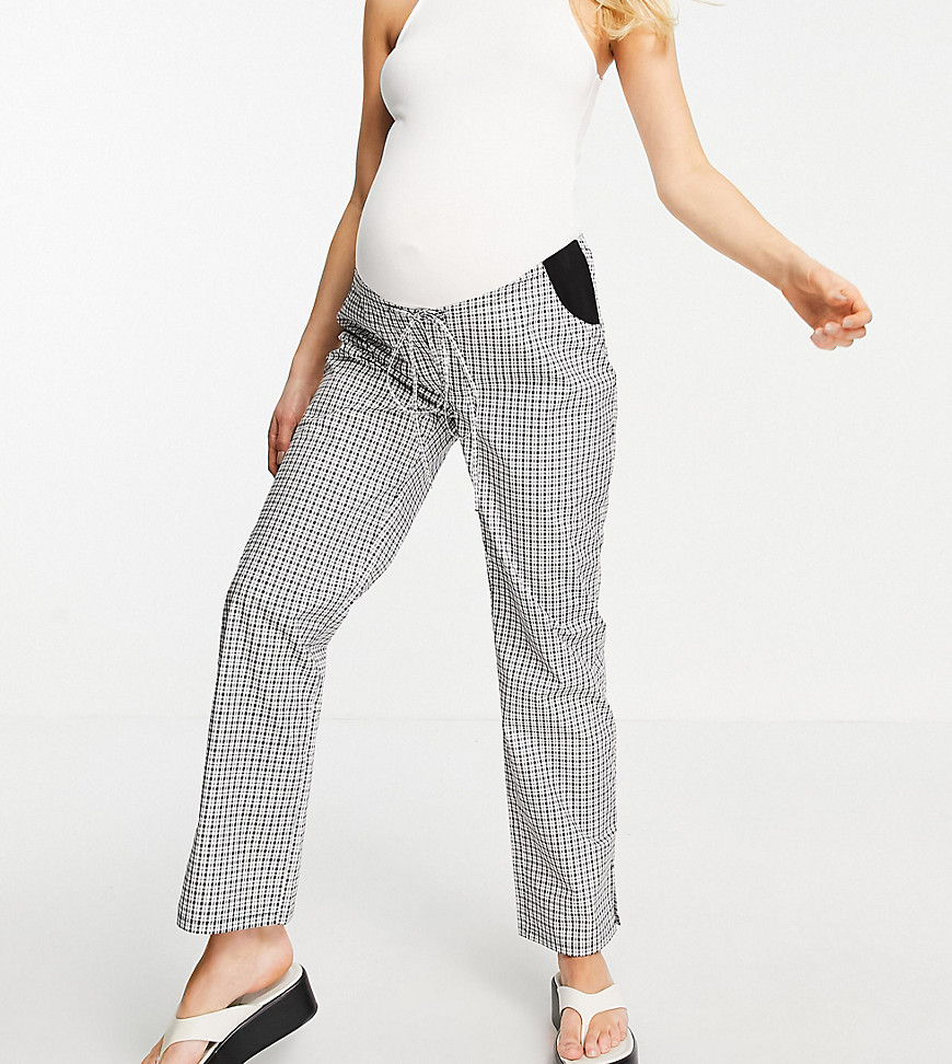 Asos Maternity Asos Design Maternity Straight Leg Pull On Poplin Pants In Mono Check With Side Bump Band-black