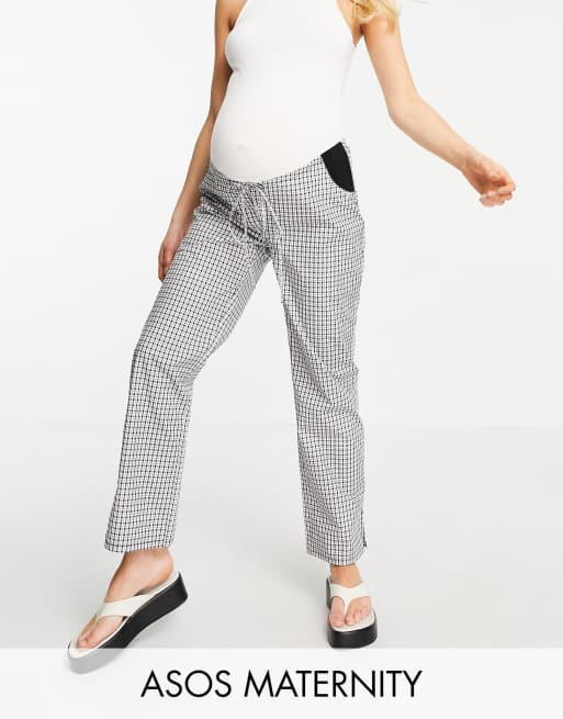 ASOS DESIGN Maternity straight leg pull on poplin trouser in mono check with side bump band