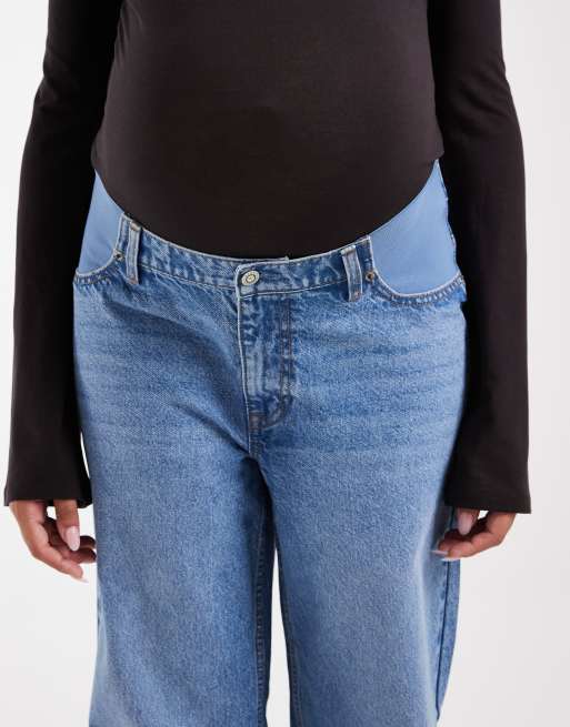 ASOS DESIGN Maternity straight wide leg jeans in mid wash blue, 5 of 5