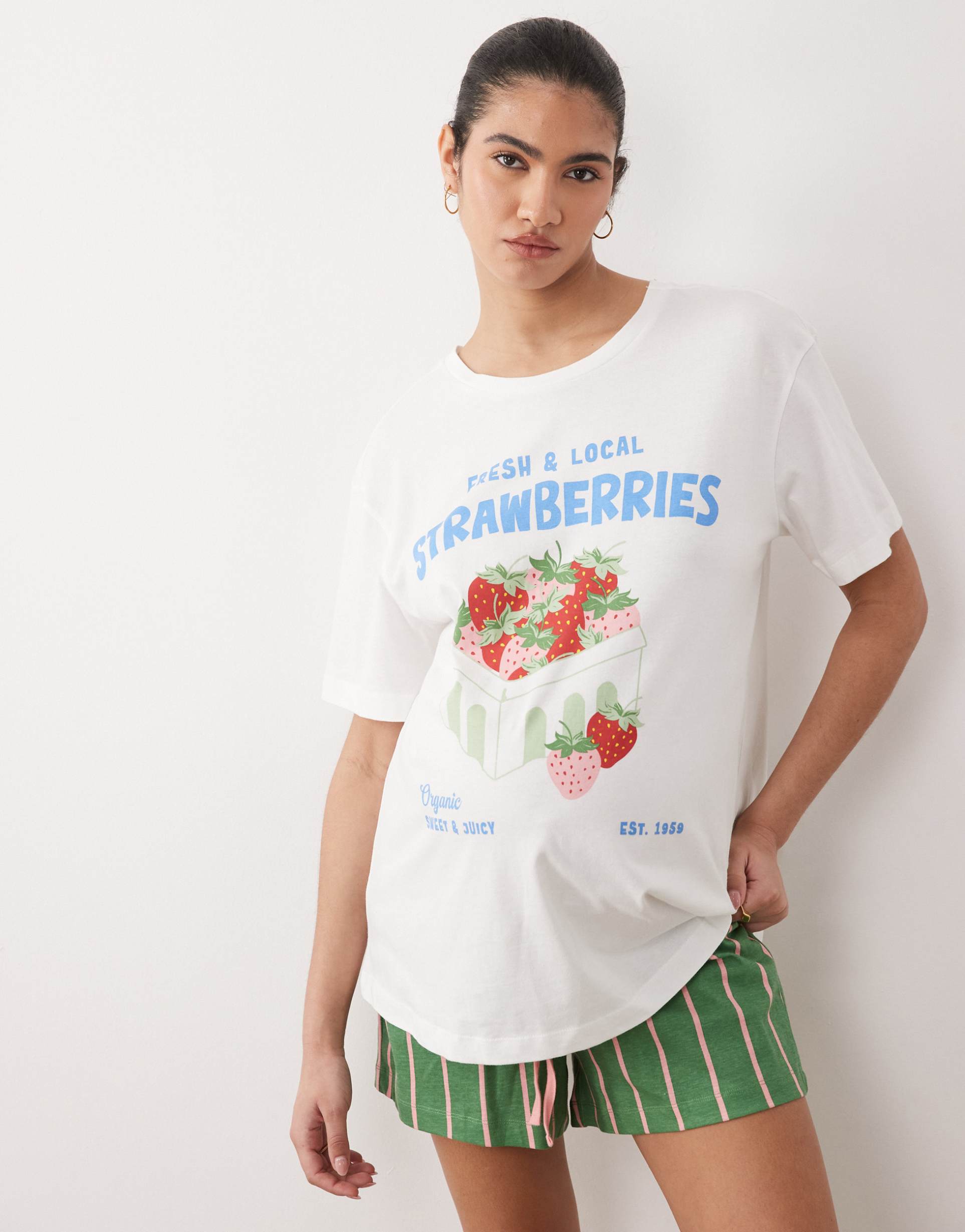 asos design maternity strawberry oversized tee and striped shorts pajama set in cream