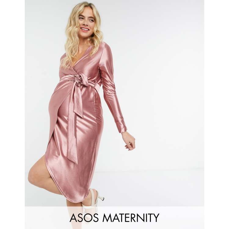 ASOS DESIGN Maternity stretch satin wrap midi dress in rose pink | ASOS