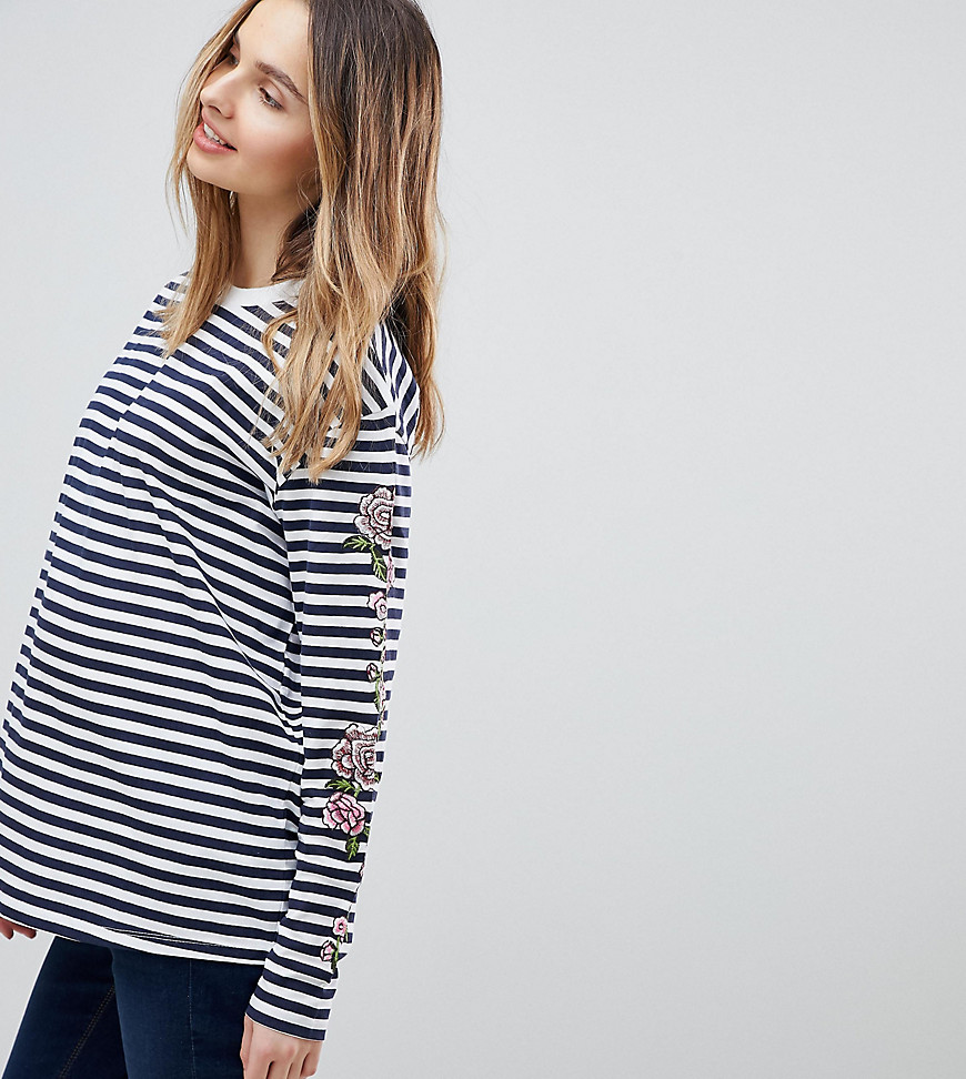 ASOS DESIGN Maternity - Stribet langærmet t-shirt med rosebroderi-Multifarvet