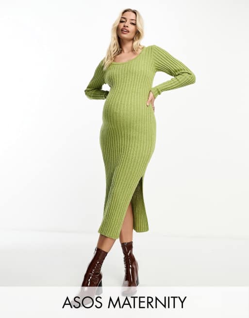 ASOS DESIGN Maternity - Strikket, grøn midikjole med firkantet hals i tekstureret garn