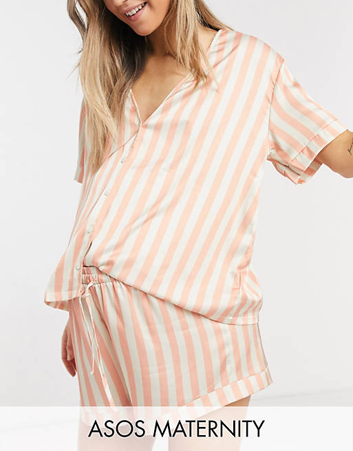 ASOS DESIGN Maternity stripe satin shirt & short pyjama set in peach