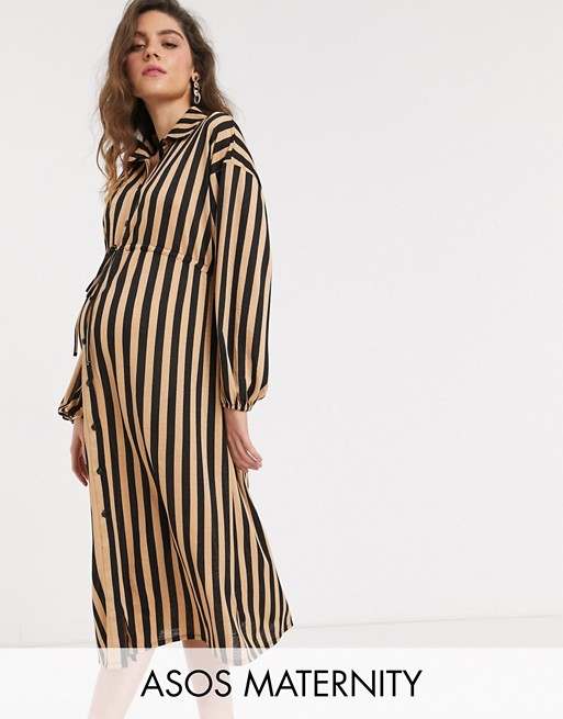 ASOS DESIGN Maternity stripe shirt dress in black tan stripe