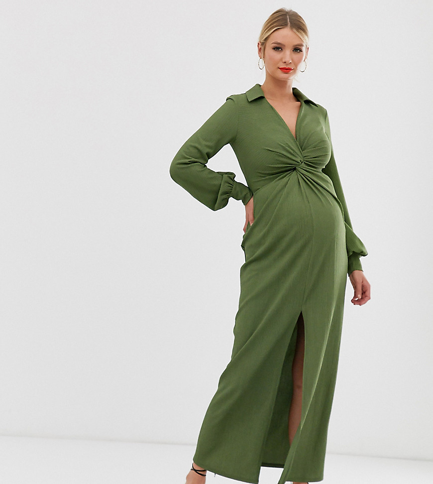 ASOS DESIGN Maternity – Strukturerad skjortklänning i maxilängd med drapering och knutdetalj-Flerfärgad
