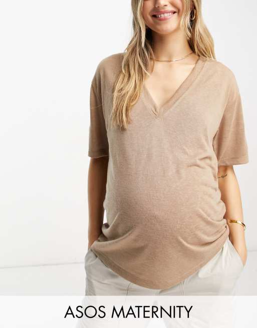 ASOS DESIGN Maternity – Strukturiertes T-Shirt in Mokka mit V-Ausschnitt
