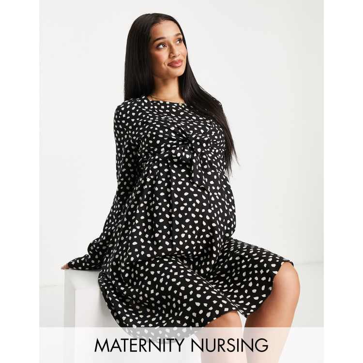 ASOS DESIGN Maternity – Sukienka kopertowa mini do karmienia z długim  rękawem i monochromatycznym zwierzęcym wzorem | ASOS