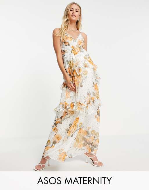 ASOS DESIGN Maternity – Sukienka maxi na ramiączkach z odkrytymi plecami i lamówką, z okrągłymi wycięciami, we wzór w kwiaty