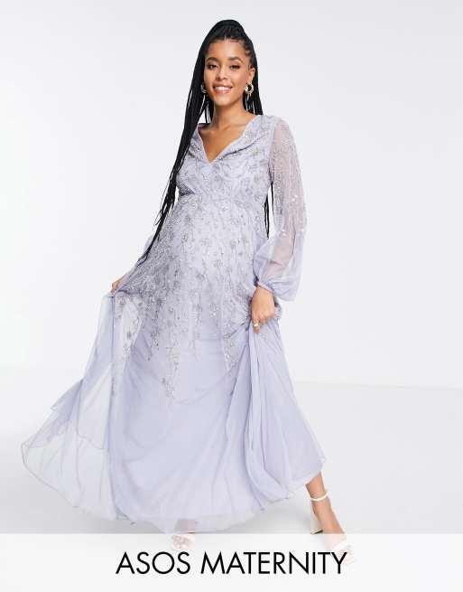 ASOS DESIGN Maternity – Sukienka maxi z bufiastymi rękawami i delikatnym kwiatowym zdobieniem