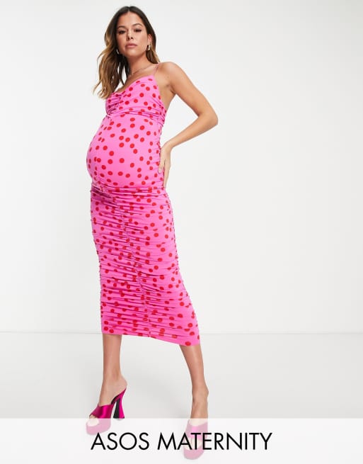 ASOS DESIGN Maternity – Sukienka midi na ramiączkach z marszczonymi detalami i wzorem w kropki