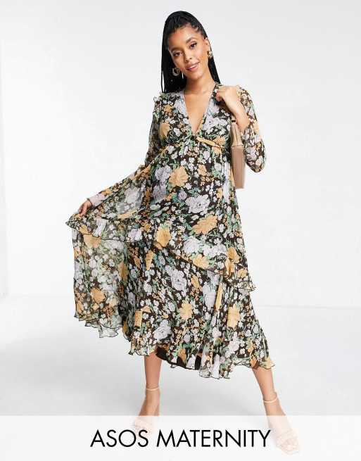 ASOS DESIGN Maternity – Sukienka midi w kwiaty z głębokim dekoltem, falbankami i wiązaniem na plecach 