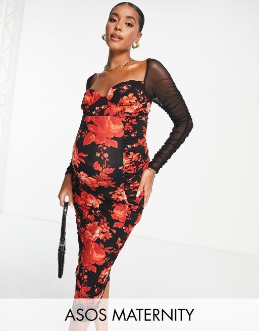 ASOS DESIGN Maternity – Sukienka midi z długimi rękawami z marszczonej czerwonej siateczki w kwiatowy wzór