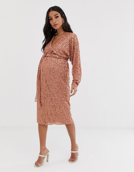 ASOS DESIGN Maternity – Sukienka midi z kopertową talią, rękawami typu  nietoperz i cekinami | ASOS