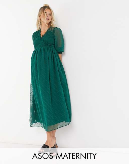 ASOS DESIGN Maternity – Sukienka midi z marszczonymi mankietami w kolorze leśnej zieleni