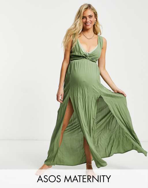 ASOS DESIGN Maternity – Sukienka plażowa maxi wiązana z tyłu ze skręconym przodem w kolorze khaki