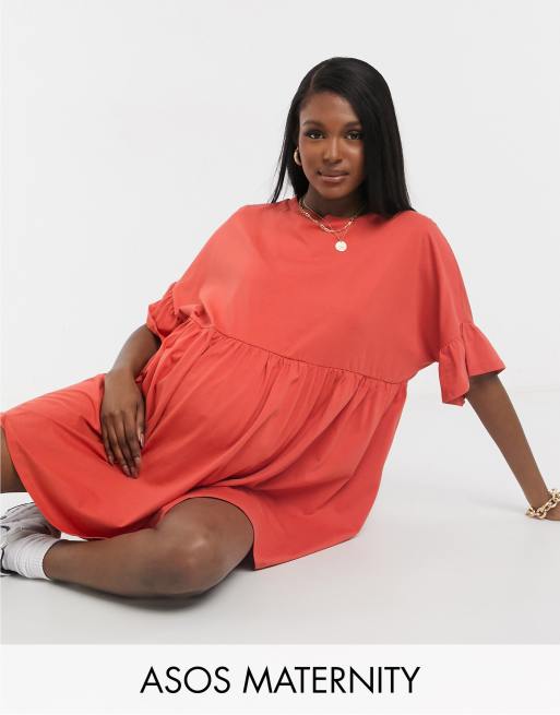 ASOS DESIGN Maternity super oversized frill sleeve smock dress in burnt orange