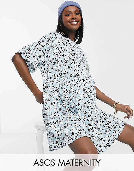 Women Maternity super oversized frill sleeve smock in blue floral 