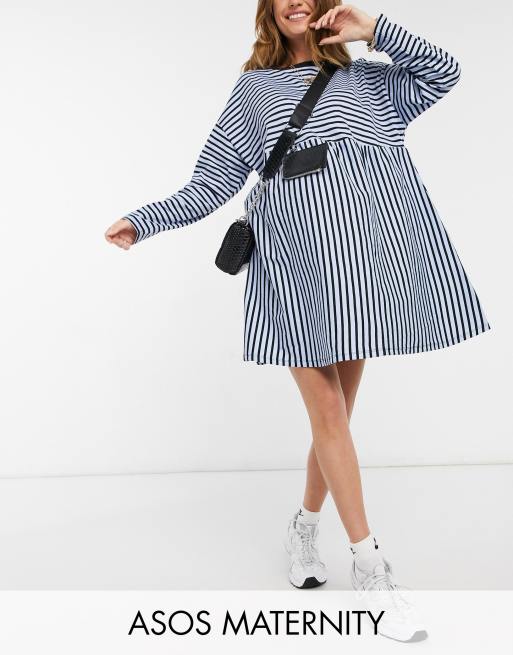 ASOS DESIGN Maternity super oversized long sleeve smock dress in dusty blue and black stripe