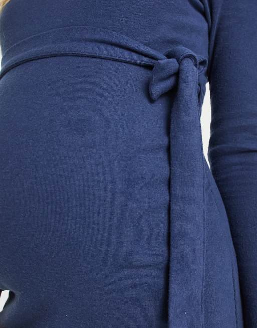 ASOS DESIGN Maternity super soft high neck midi jumper dress with belt in navy, 3 of 4