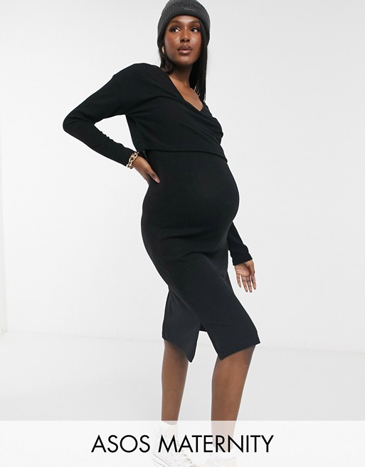 ASOS DESIGN Maternity super soft long sleeve overlay midi dress in black