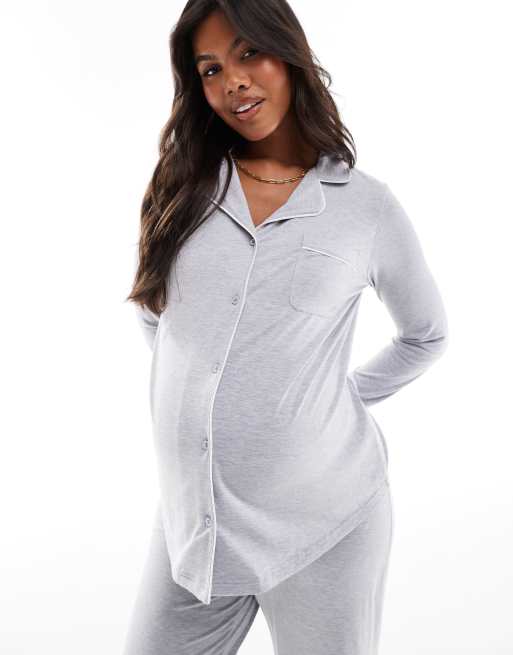 ASOS DESIGN Maternity super soft long sleeve shirt & pants pajama set with contrast piping in gray heather, 4 of 4