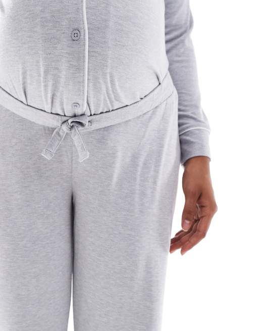 ASOS DESIGN Maternity super soft long sleeve shirt & pants pyjama set with contrast piping in grey marl, 3 of 4