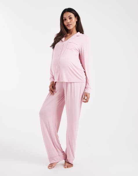 ASOS DESIGN Maternity super soft long sleeve shirt & trouser pyjama set in light pink - view 1