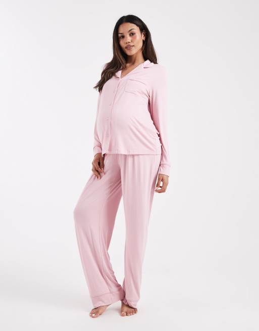 ASOS DESIGN Maternity super soft long sleeve shirt & trouser pyjama set in light pink