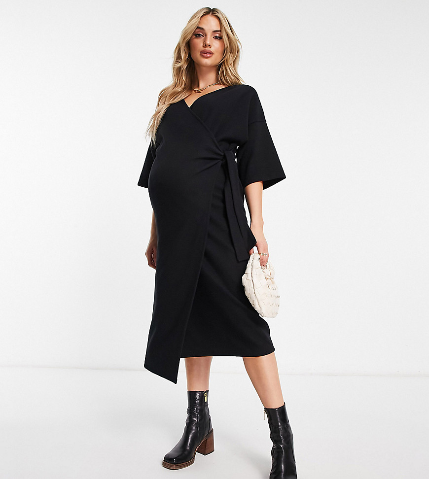 Asos Maternity Asos Design Maternity Super Soft Midi Wrap Sweater Dress With Belt In Black