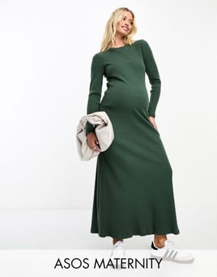 ASOS DESIGN Maternity super soft rib crew neck midi dress with long sleeve in green