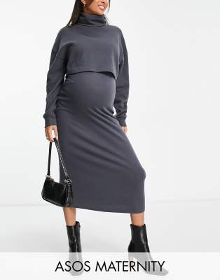 ASOS DESIGN Maternity super soft roll neck 2 in 1 overlayer midi jumper dress in charcoal - ASOS Price Checker