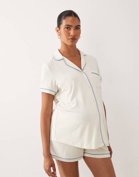 ASOS DESIGN Maternity super soft short sleeve shirt and short pyjama set in blue - view 1