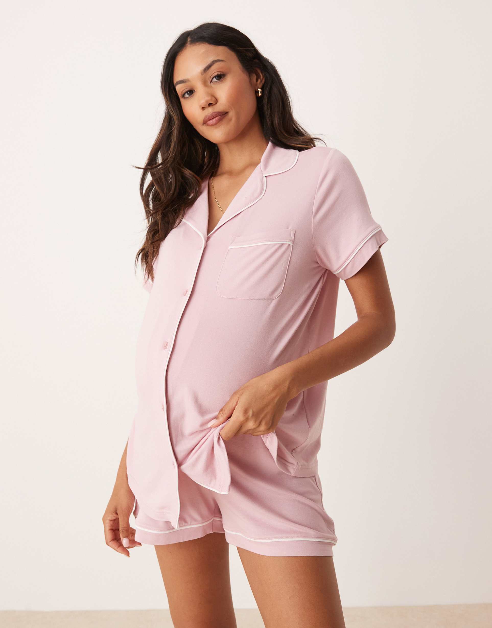 asos design maternity super soft short sleeve shirt and shorts pajama set in dusty pink