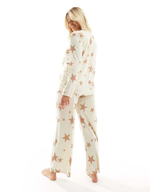ASOS DESIGN Maternity super soft star long sleeve top & pants pajama set in cream, 3 of 4