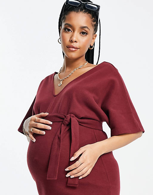Dresses Maternity super soft v neck belted midi jumper dress in merlot 