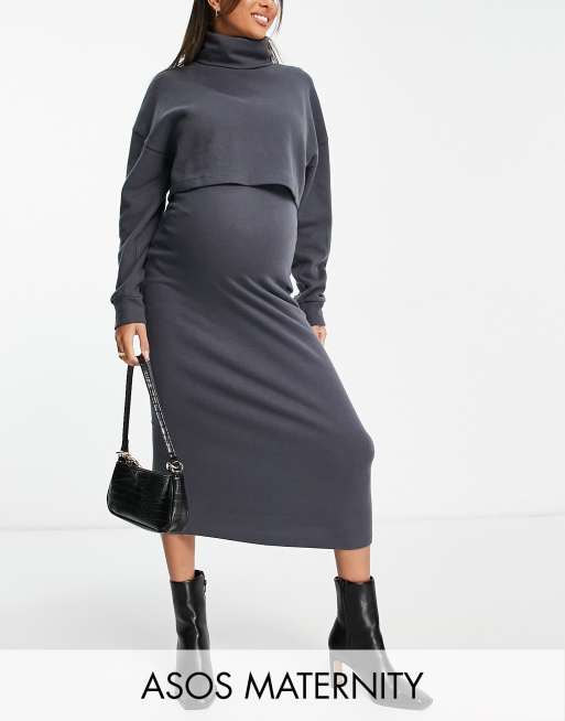 ASOS DESIGN Maternity supersoft roll neck 2 in 1 overlayer midi jumper dress in charcoal