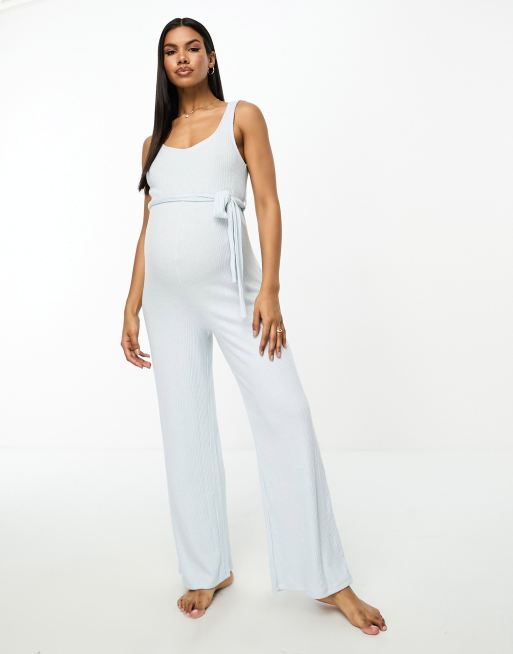 ASOS DESIGN Maternity - Superzachte geribbelde lounge-jumpsuit met vierkante hals in blauw, 4 van 4