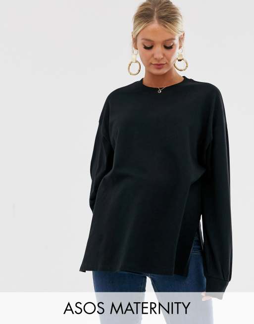 ASOS DESIGN – Maternity – Svart lätt sweatshirt i extram oversize-modell med sidoslits
